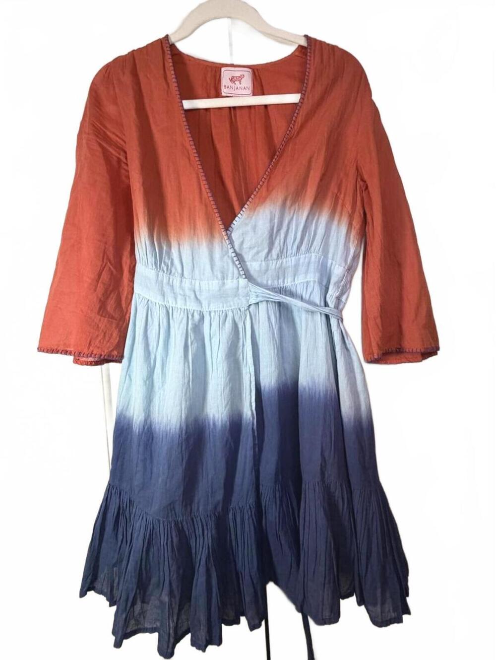Banajan Ombré Wrap Mini Dress S Blue Rust Tie Dye Cotton Cover Up